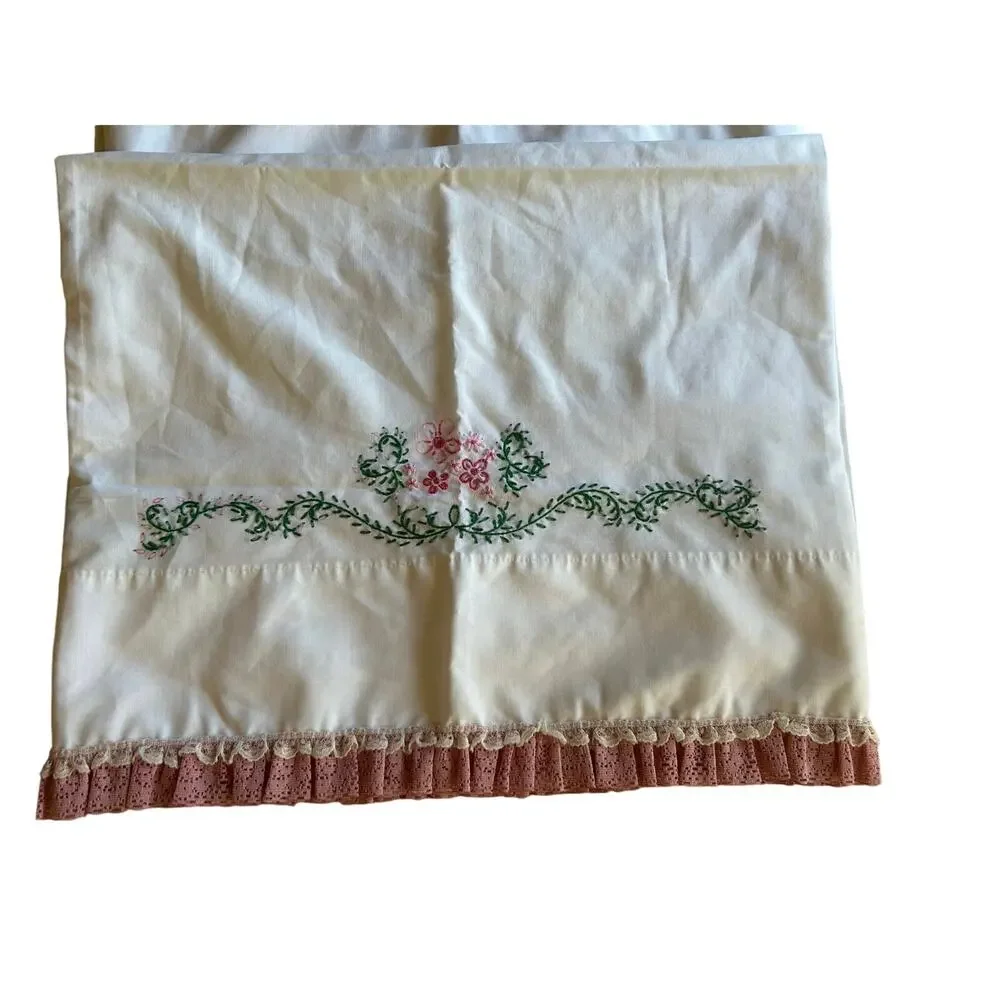 2 Vintage standard pillowcases embroidered pink green floral lace edges